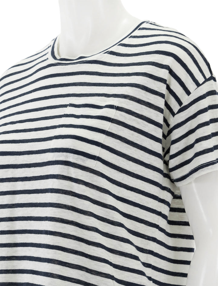 Close-up view of Faherty's sonoma linen tee in navy stripe.