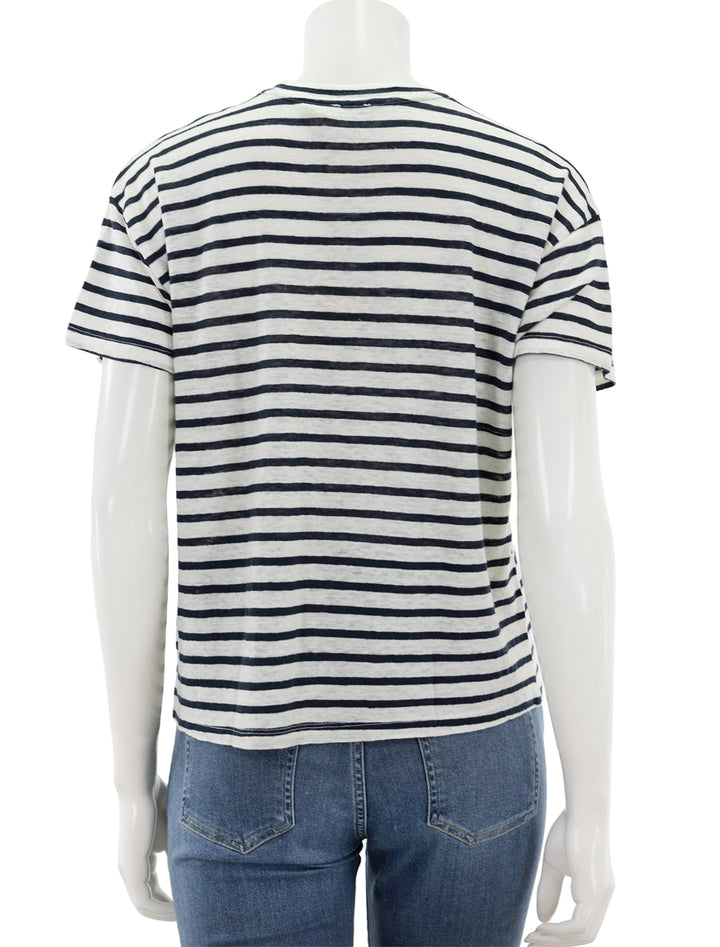 Back view of Faherty's sonoma linen tee in navy stripe.