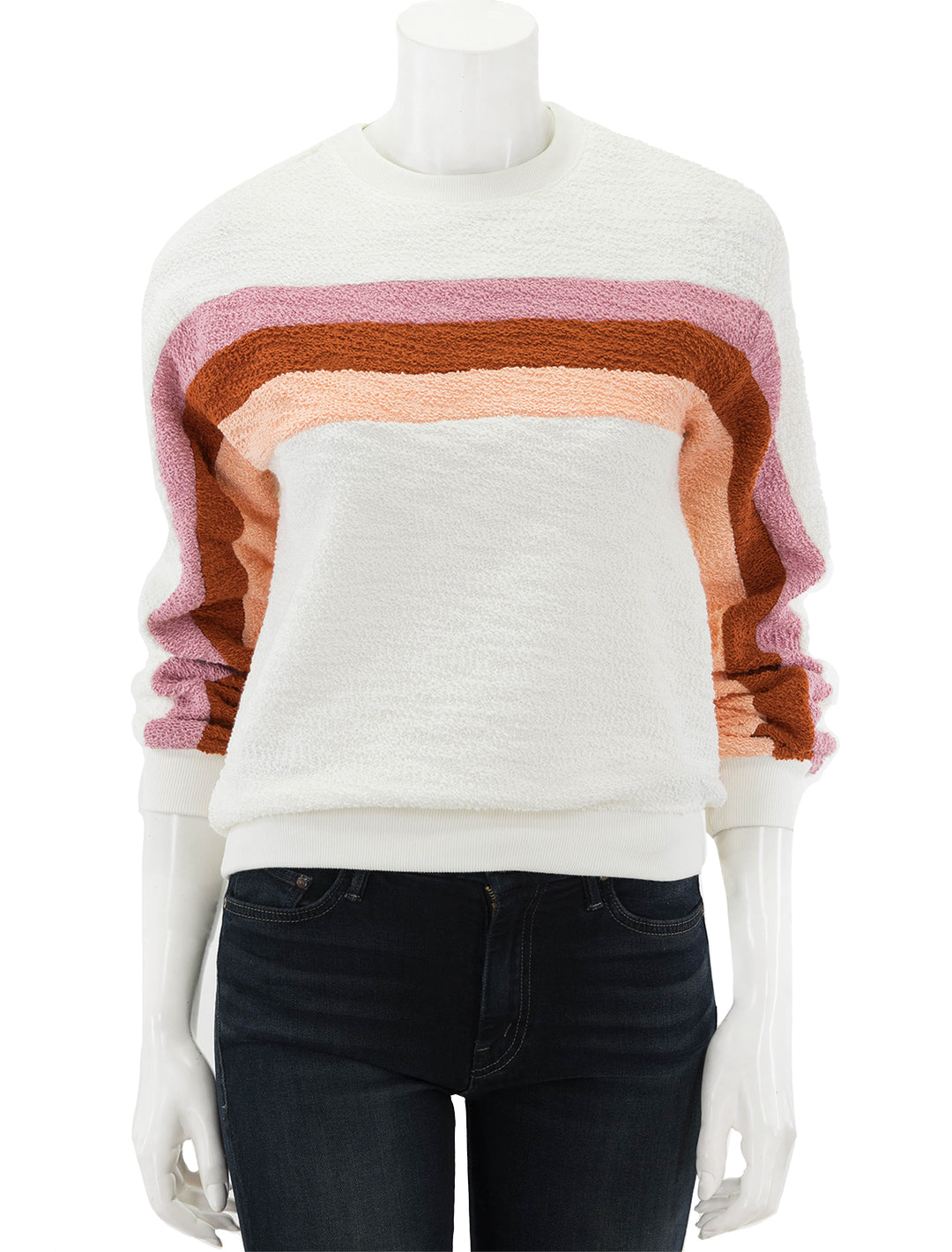 Front view of Faherty's vista pullover in peach nectar multi.