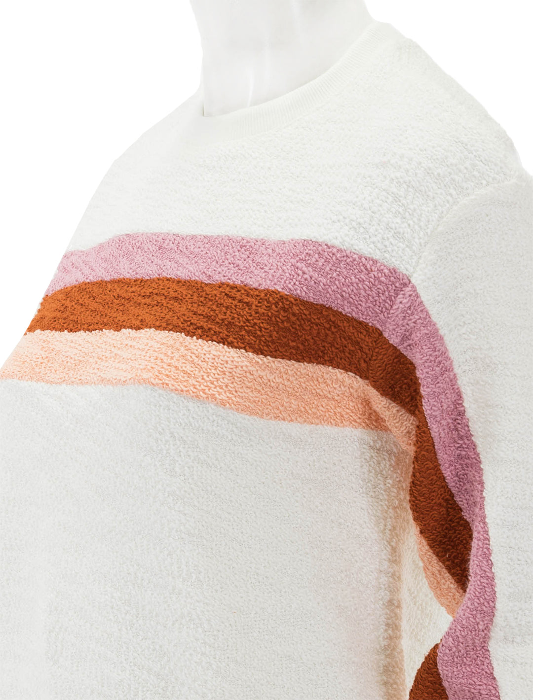 Close-up view of Faherty's vista pullover in peach nectar multi.