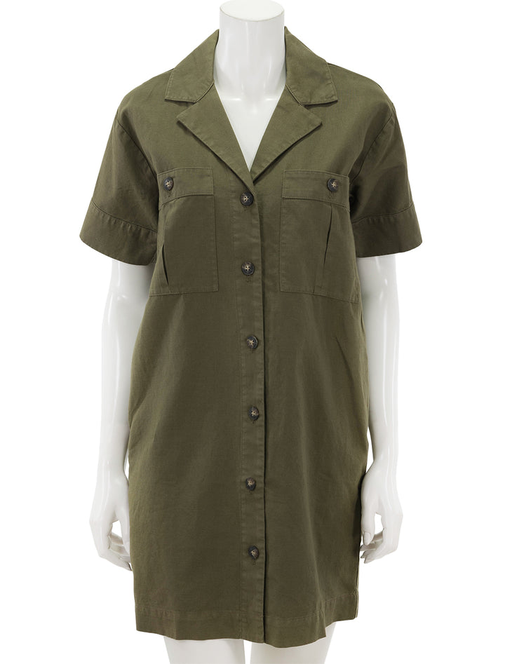 Front view of Faherty's palos verdes dress in military olive.