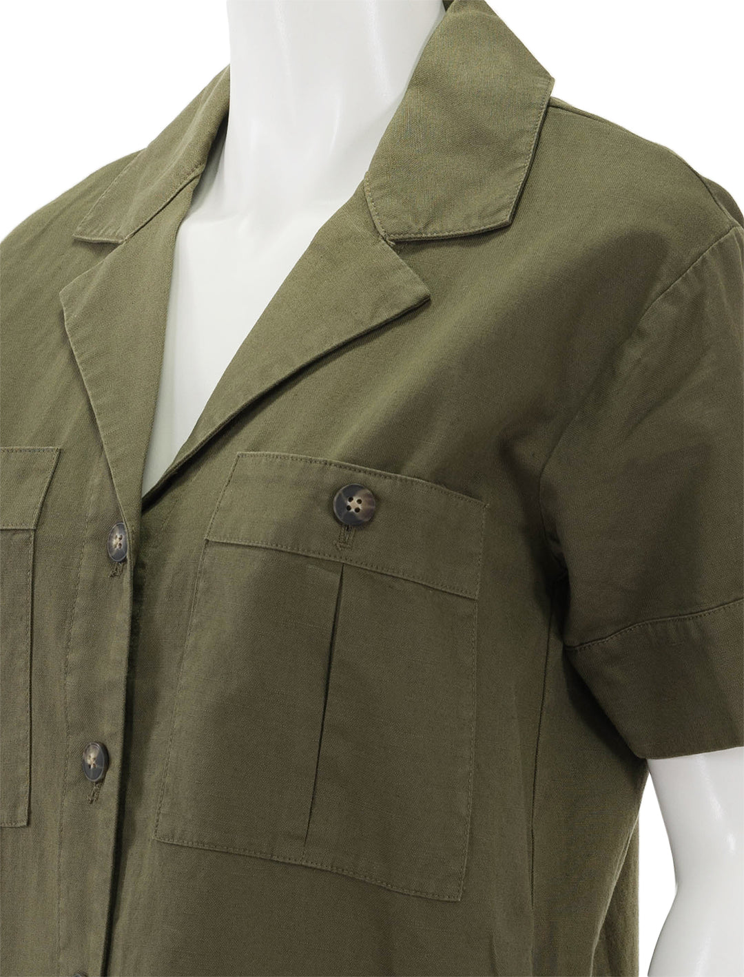 Close-up view of Faherty's palos verdes dress in military olive.