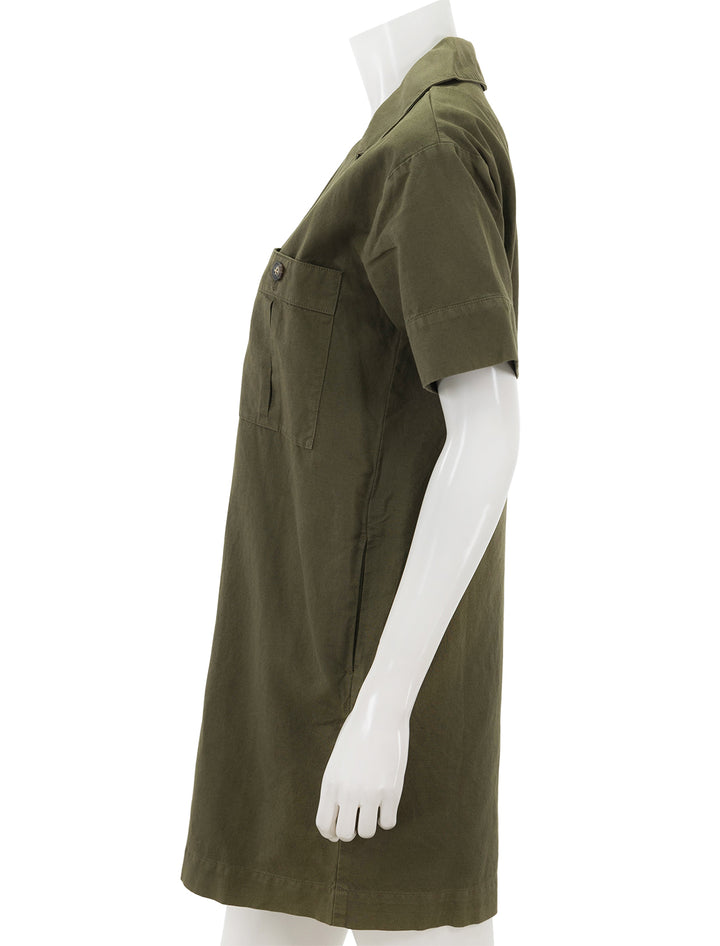 Side view of Faherty's palos verdes dress in military olive.