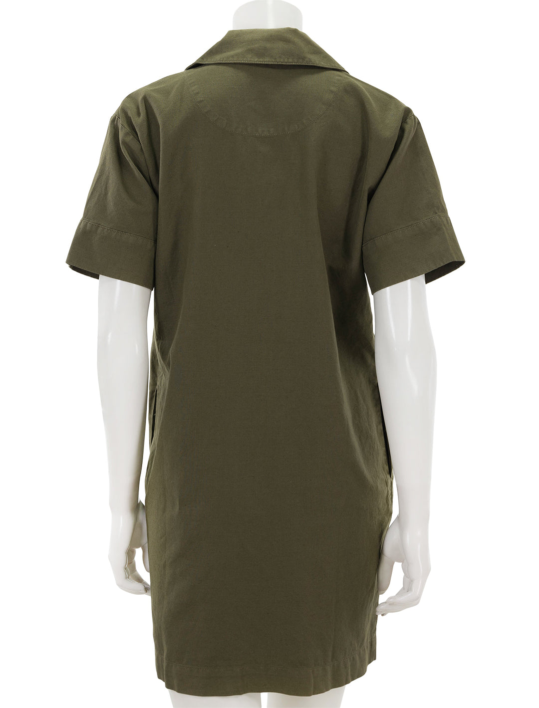 Back view of Faherty's palos verdes dress in military olive.