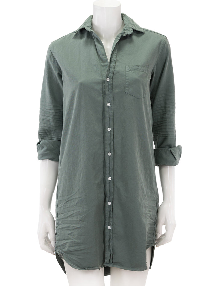 Front view of Frank & Eileen's mary shirtdress in thyme distressed denim.