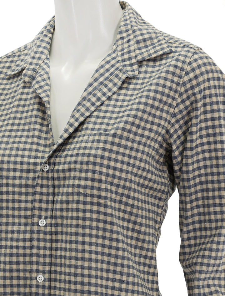 Close-up view of Frank & Eileen's barry shirt in natural and blue check.