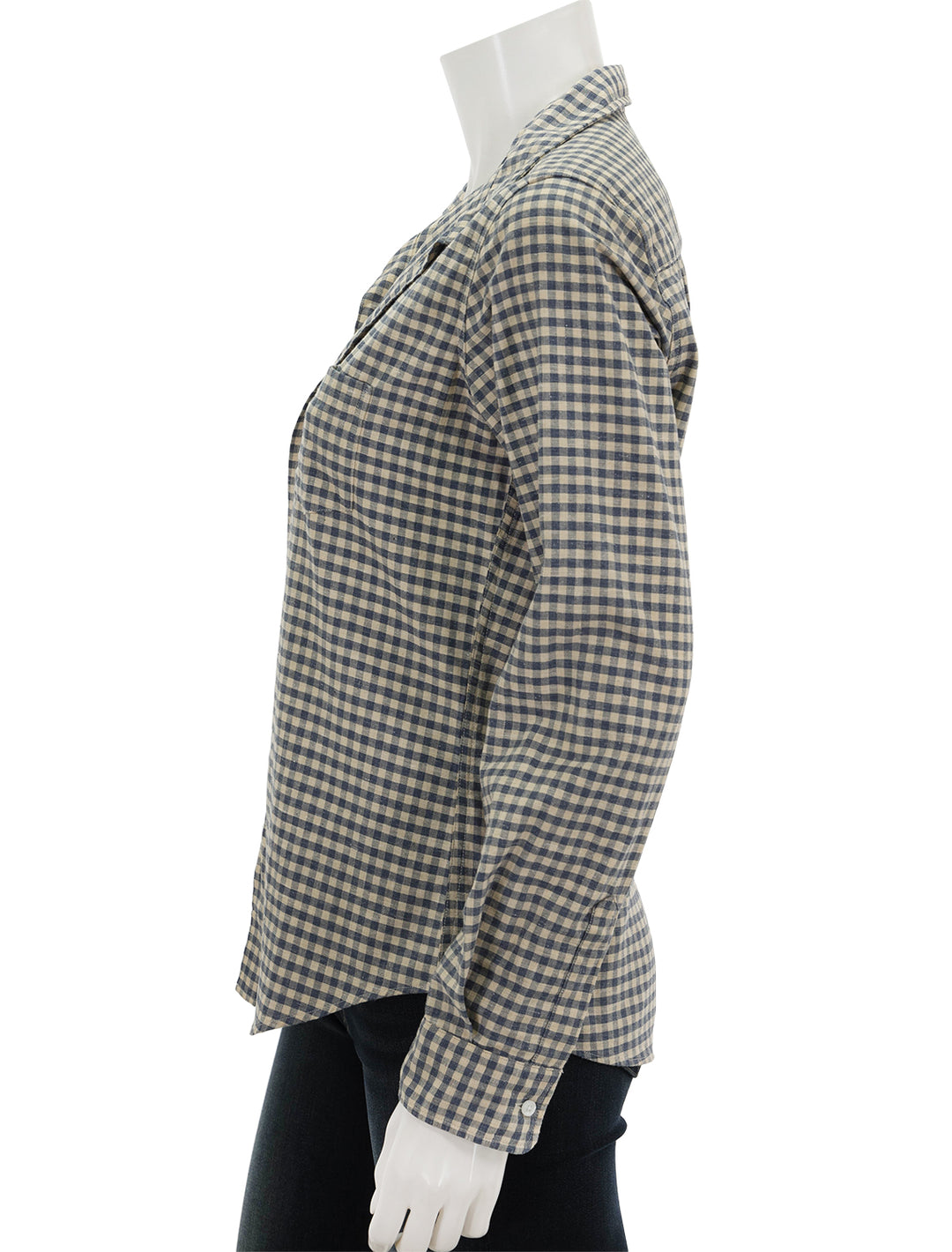 Side view of Frank & Eileen's barry shirt in natural and blue check.