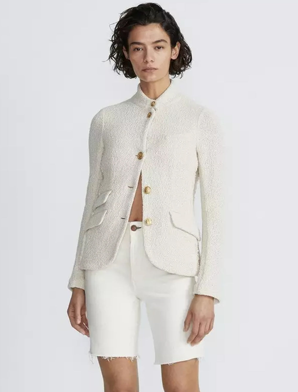 Model wearing Rag & Bone's slade blazer in ecru.