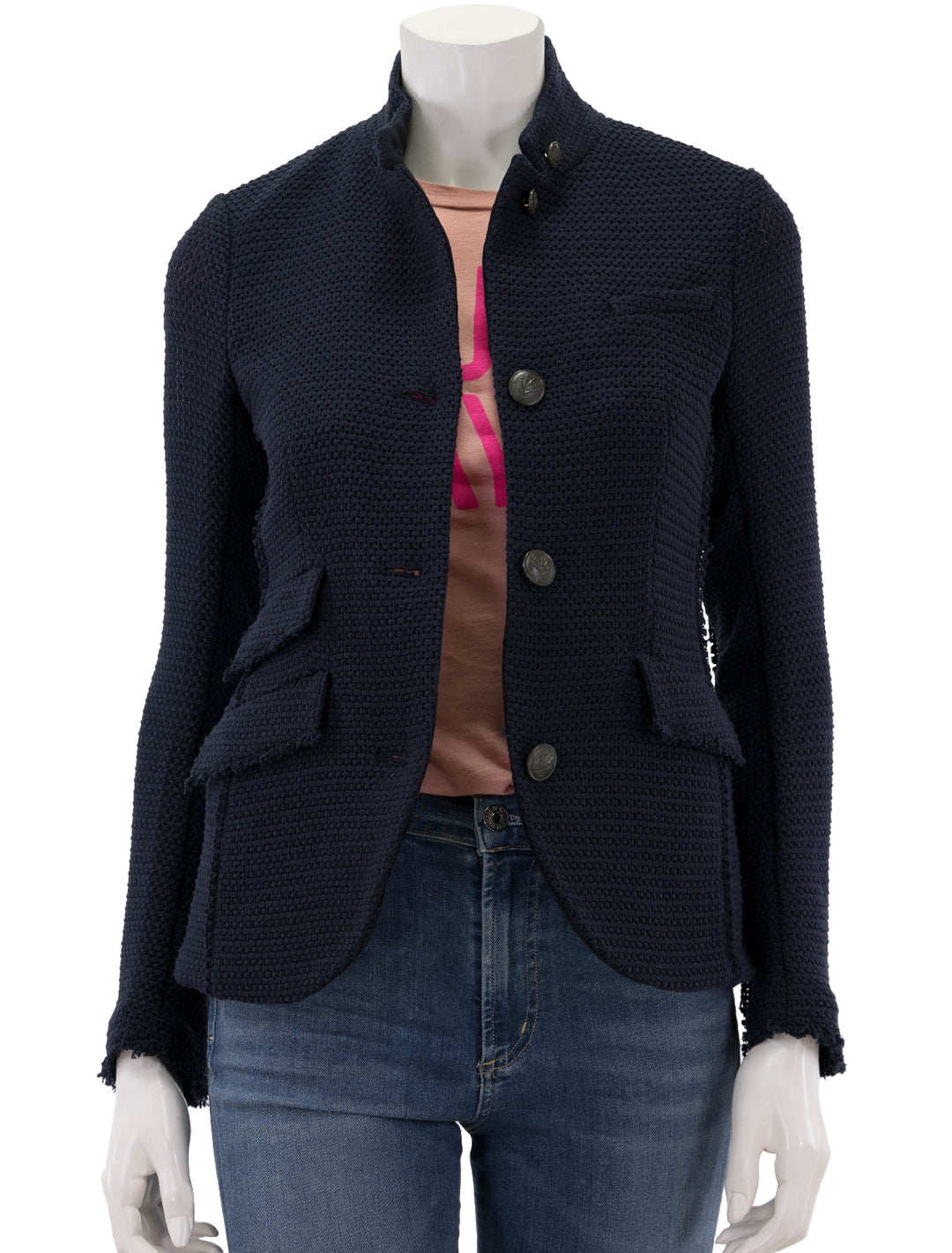 Front view of Rag & Bone's slade tweed blazer in navy, unbuttoned.