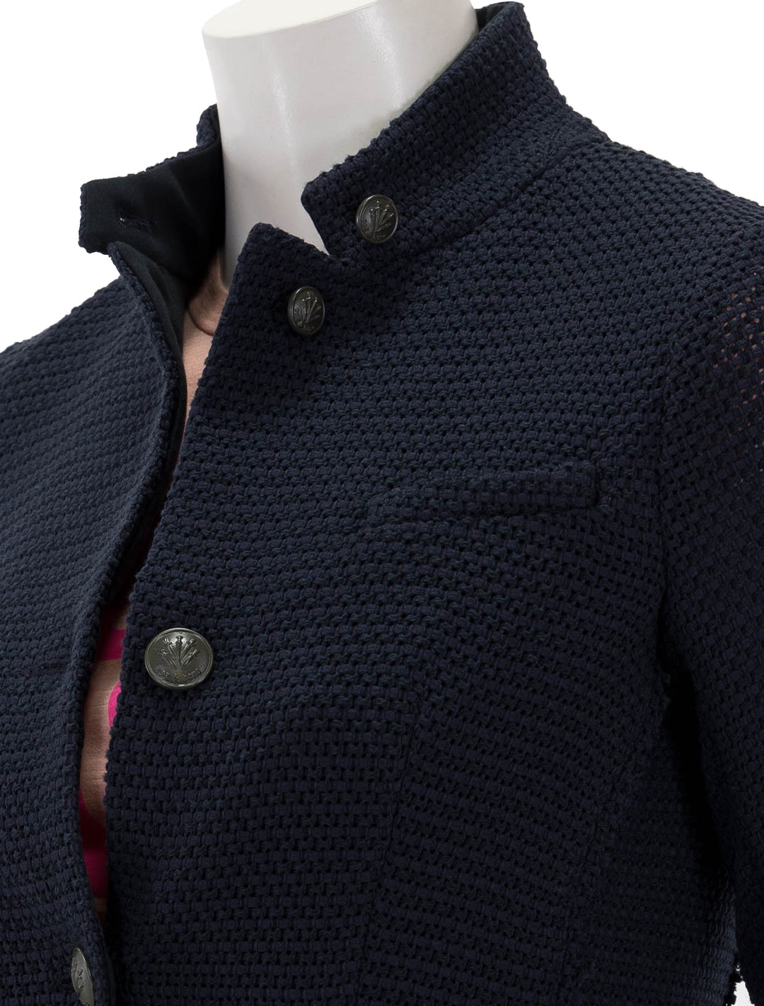 Close-up view of Rag & Bone's slade tweed blazer in navy.