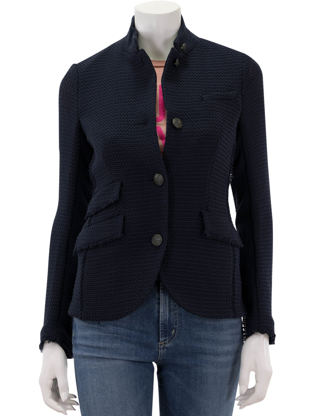 Front view of Rag & Bone's slade tweed blazer in navy, buttoned.