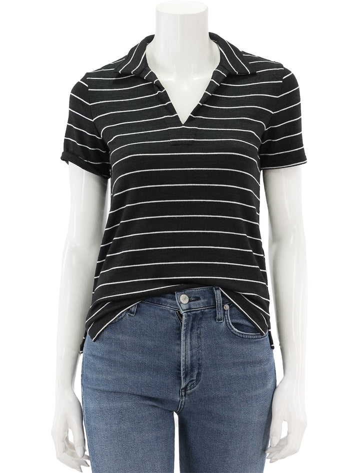 Front view of Rag & Bone's the knit stripe polo in black and white.