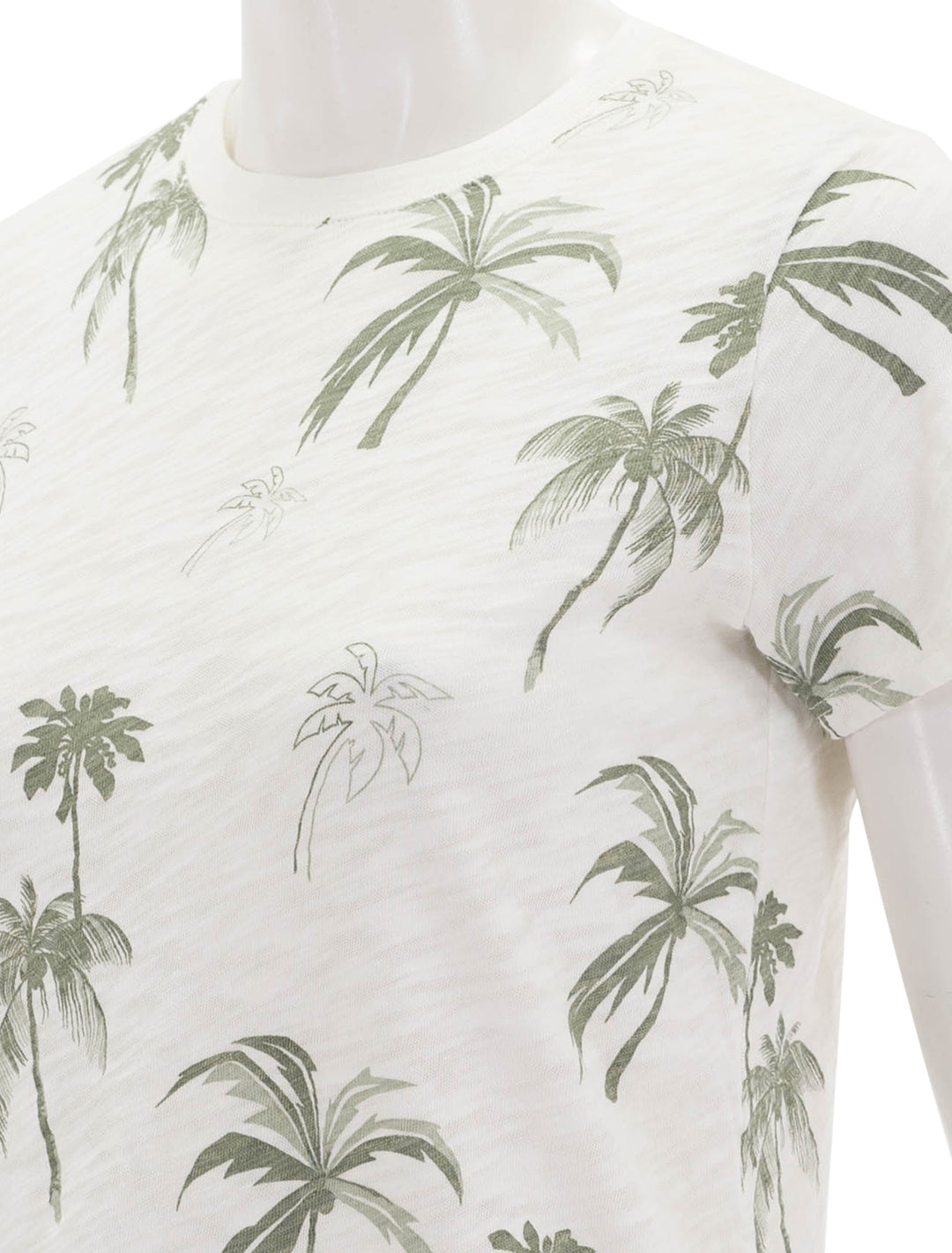 Close-up view of ATM's slub jersey crew neck tee in palm print.