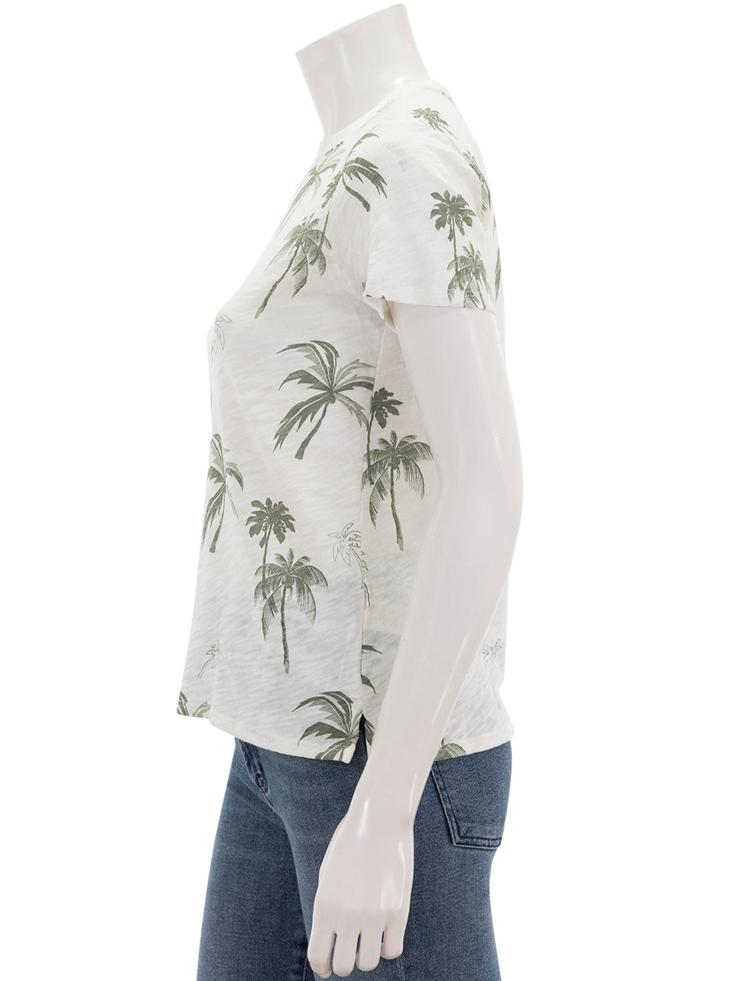 Side view of ATM's slub jersey crew neck tee in palm print.