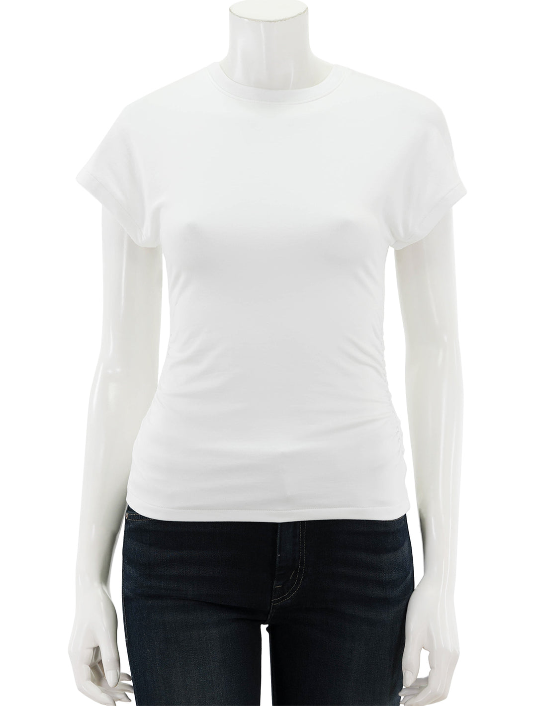Front view of ATM's pima cotton crew neck ruched tee in white.