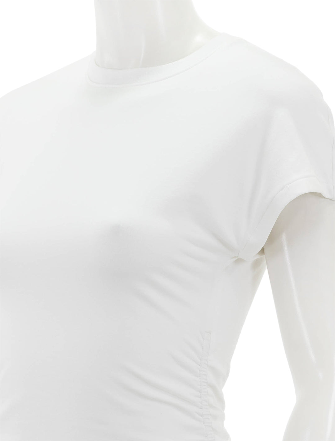Close-up view of ATM's pima cotton crew neck ruched tee in white.