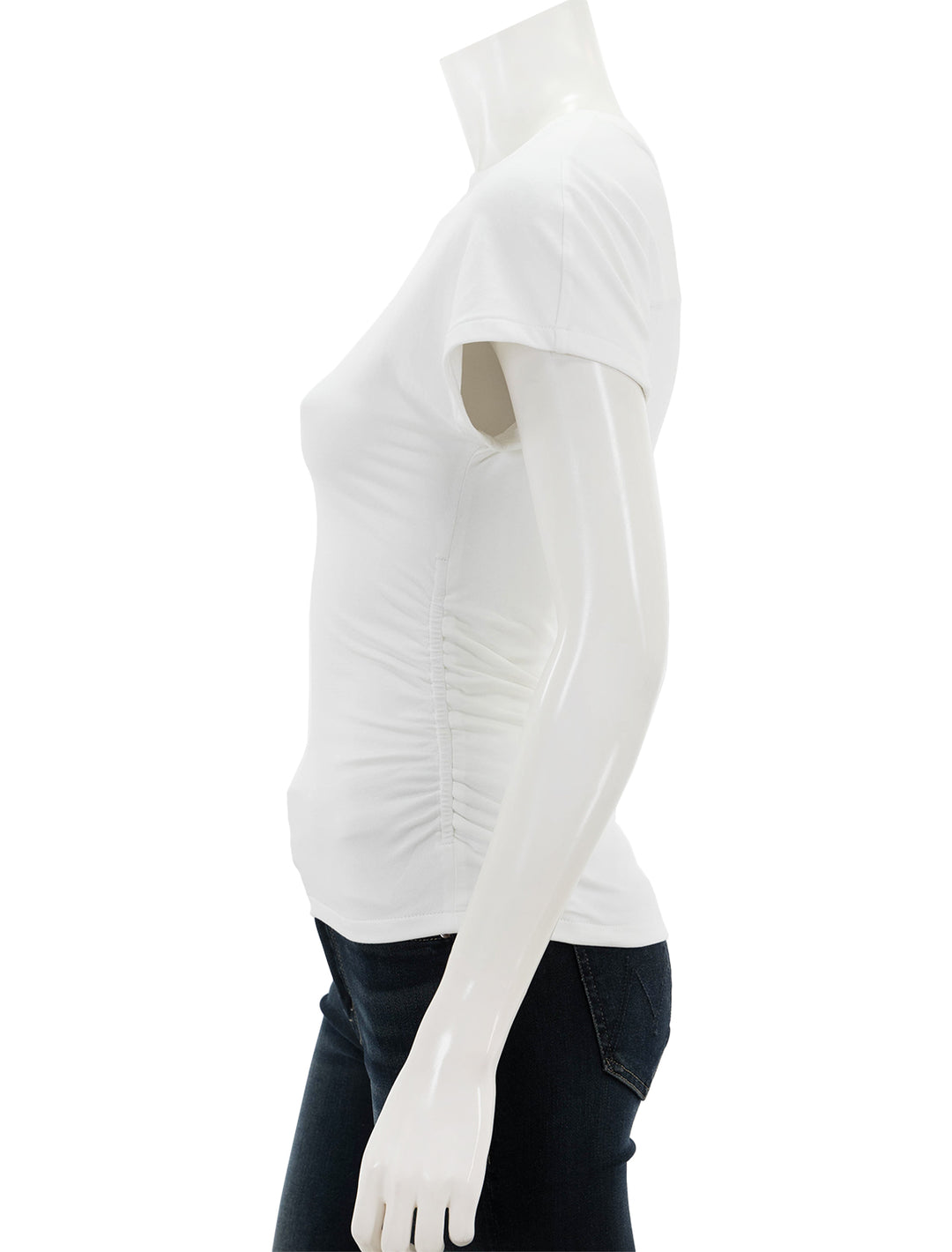 Side view of ATM's pima cotton crew neck ruched tee in white.