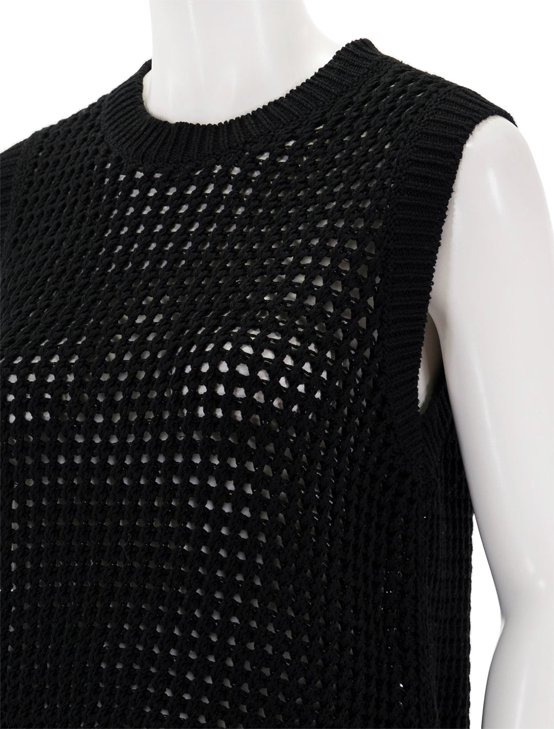 Close-up view of Theory's crew neck vest in black.