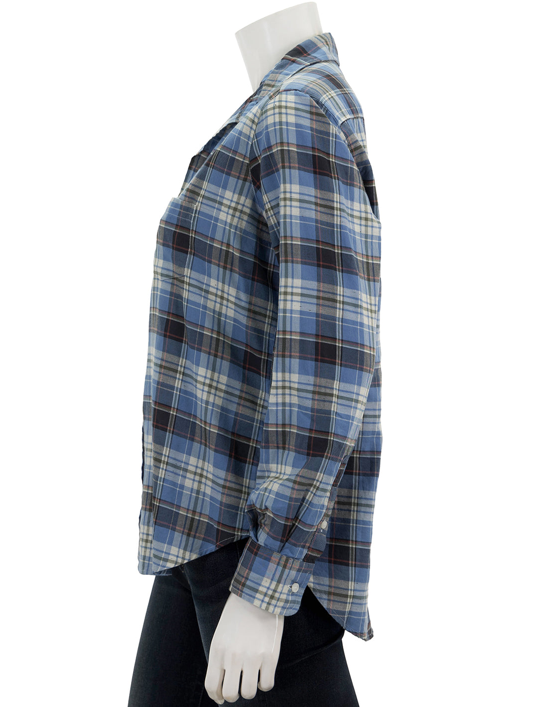Side view of Frank & Eileen's eileen in slate green orange plaid.