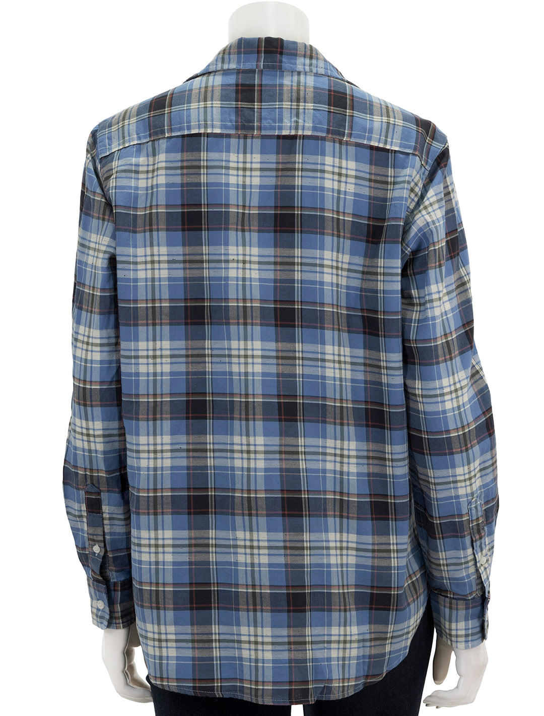 Back view of Frank & Eileen's eileen in slate green orange plaid.