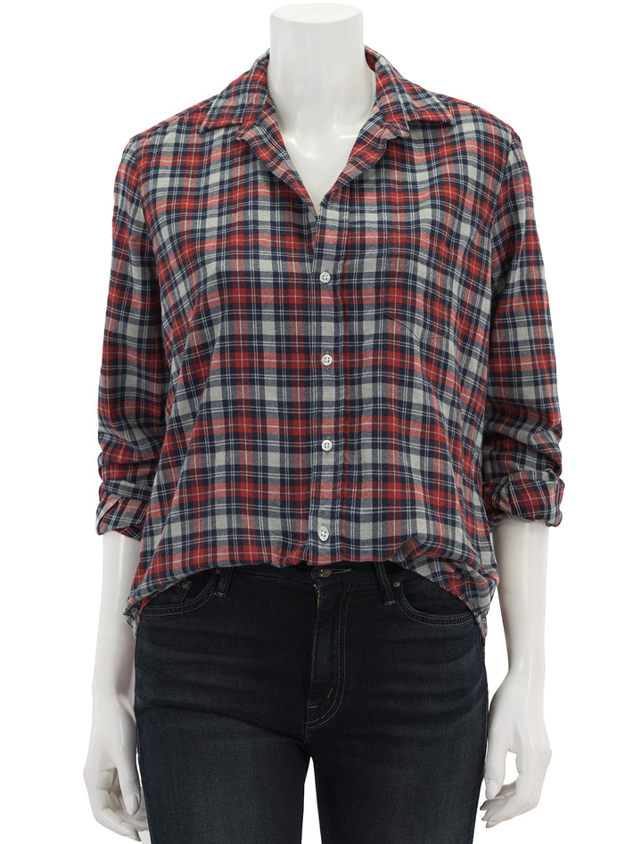 Front view of Frank & Eileen's eileen in red grey and navy plaid.
