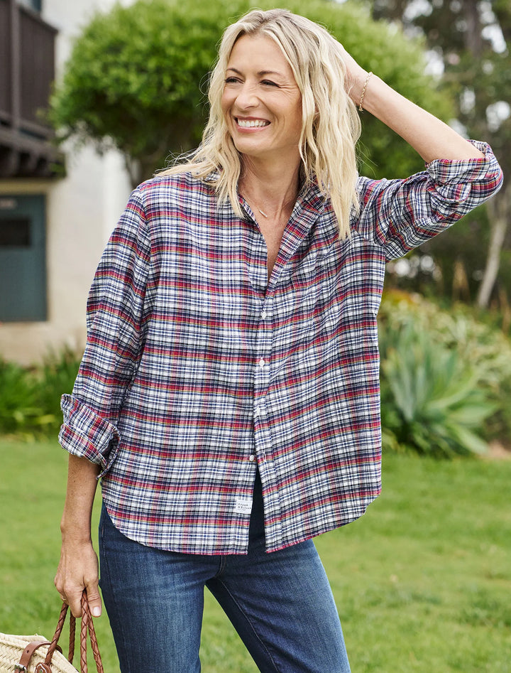 Model wearing Frank & Eileen's eileen in red grey and navy plaid.