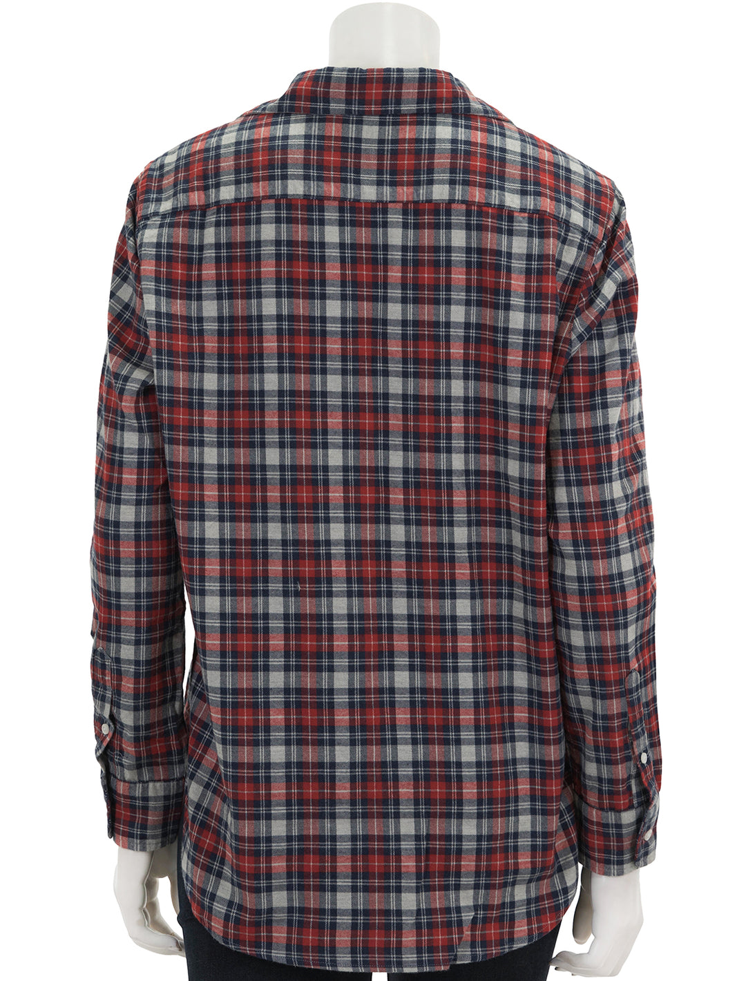 Back view of Frank & Eileen's eileen in red grey and navy plaid.