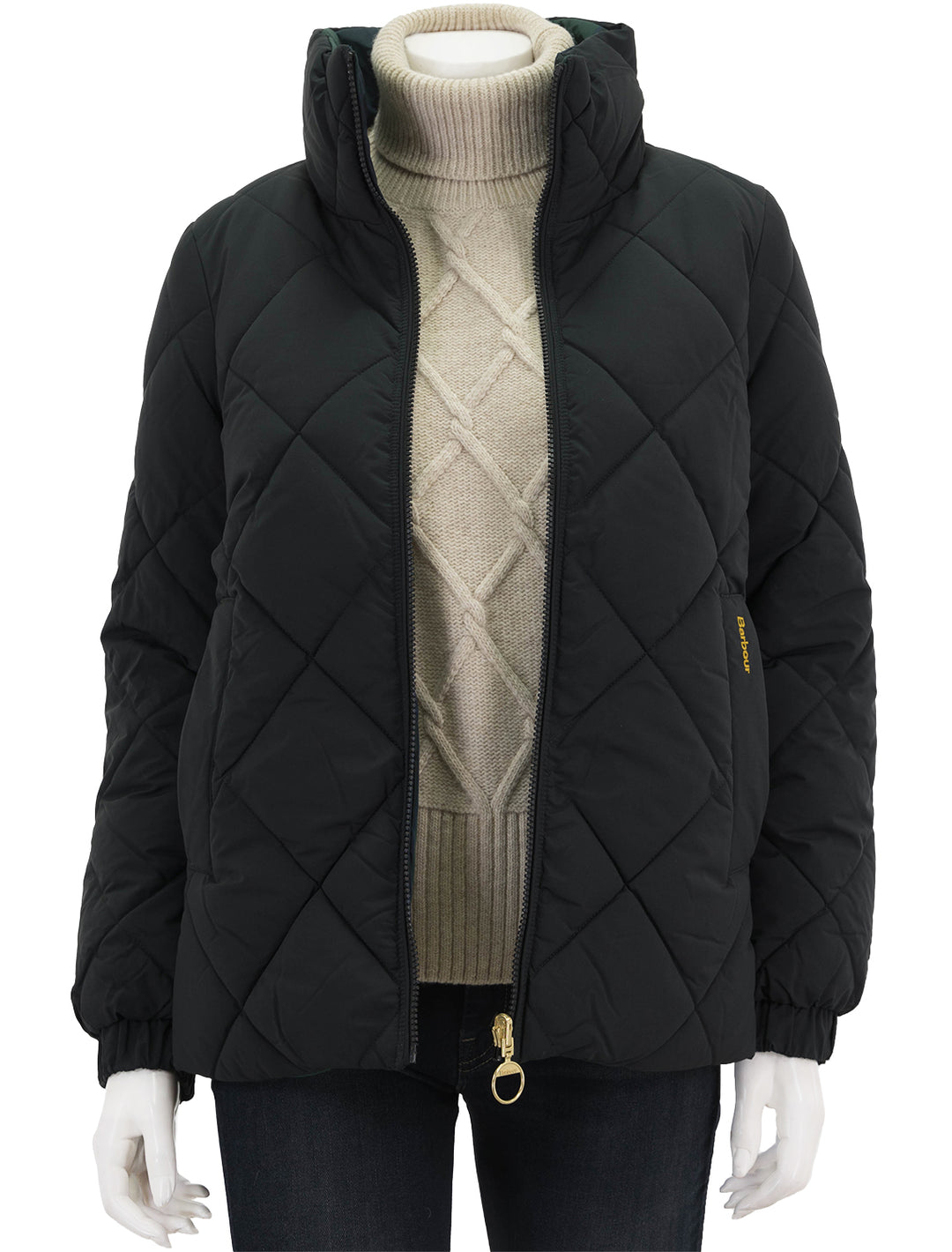 Front view of Barbour's reversible hudswell quilt jacket in black.