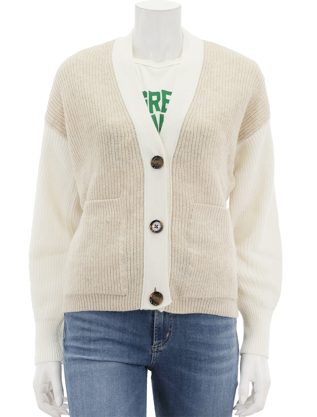 Front view of Barbour's alexandria knit cardigan in neutral.