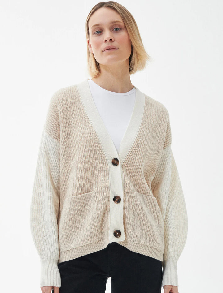 Model wearing Barbour's alexandria knit cardigan in neutral.