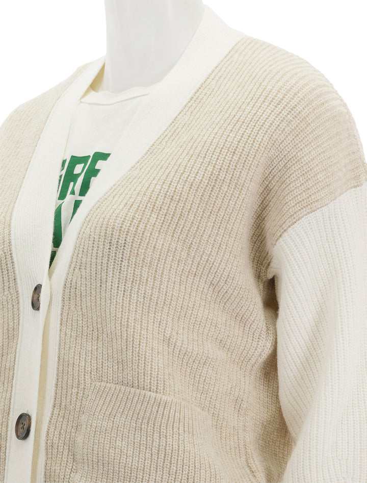 Close-up view of Barbour's alexandria knit cardigan in neutral.
