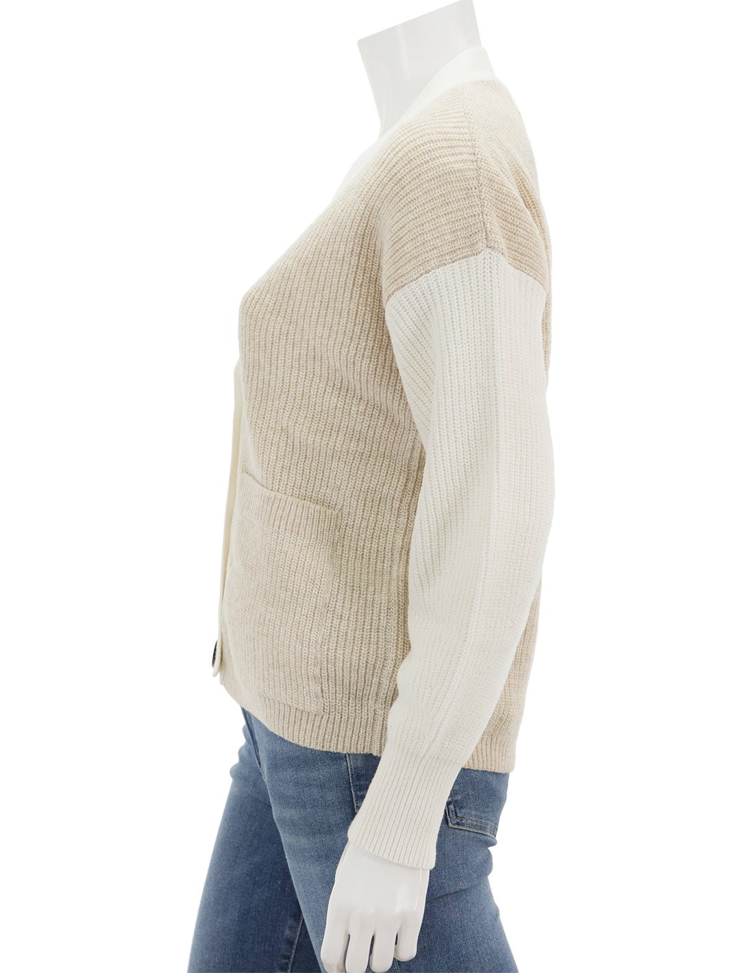 Side view of Barbour's alexandria knit cardigan in neutral.