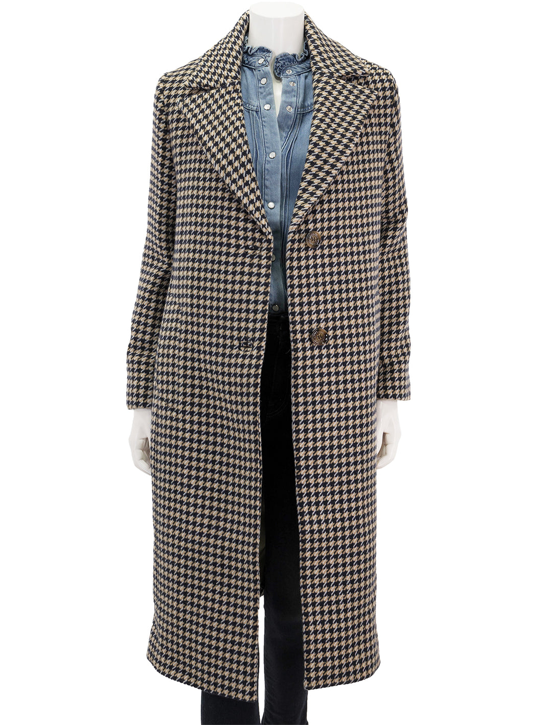 Front view of Barbour's houndstooth angelina wool coat, unbuttoned.