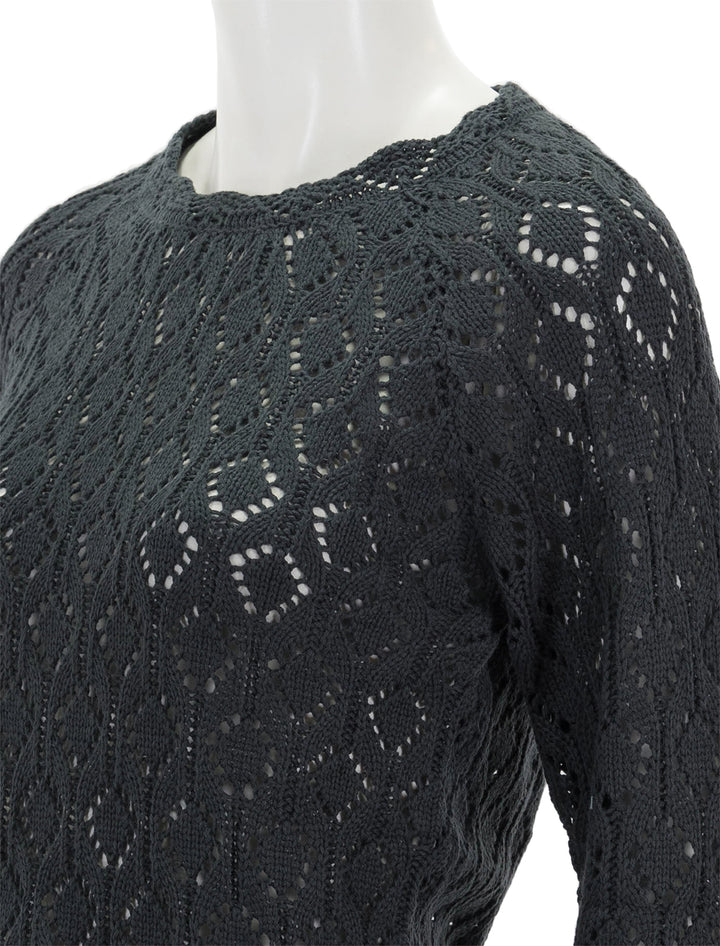 Close-up view of Marine Layer's manazanita crochet fringe sweater in black.