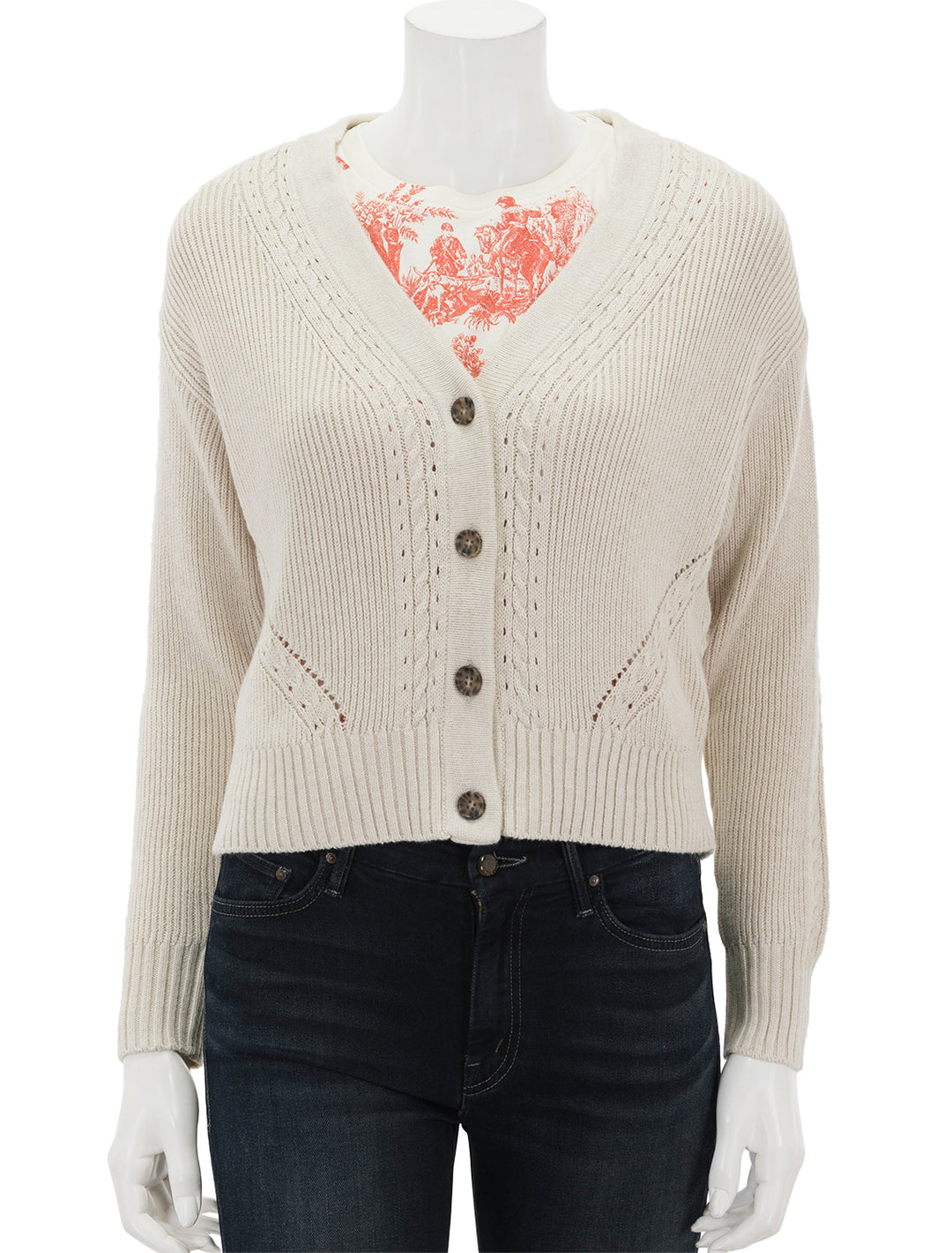 Front view of Marine Layer's robin crop cardigan in oatmeal.
