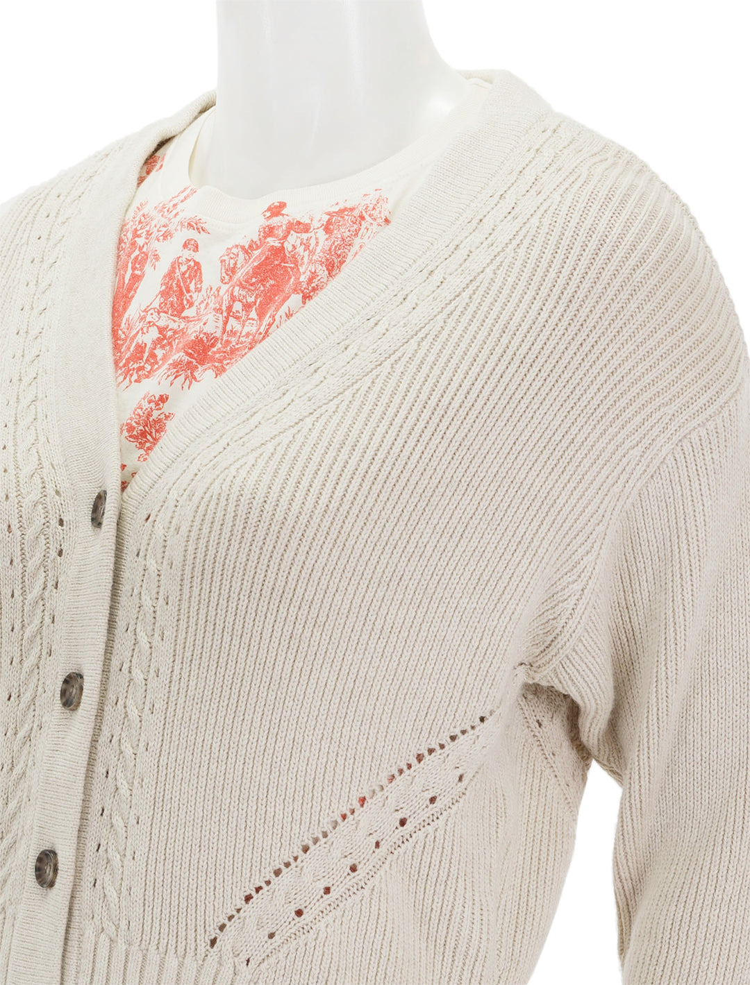 Close-up view of Marine Layer's robin crop cardigan in oatmeal.
