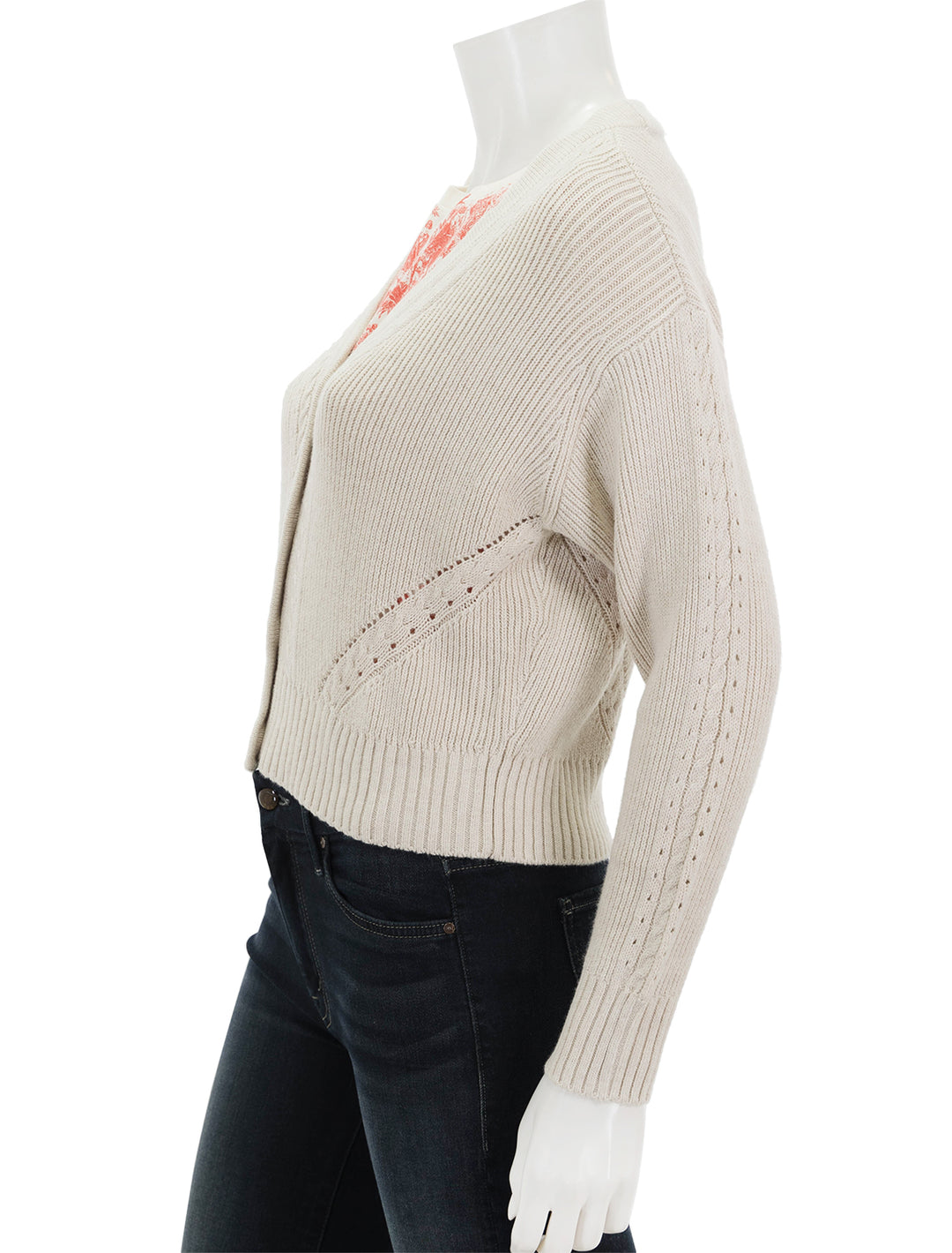 Side view of Marine Layer's robin crop cardigan in oatmeal.