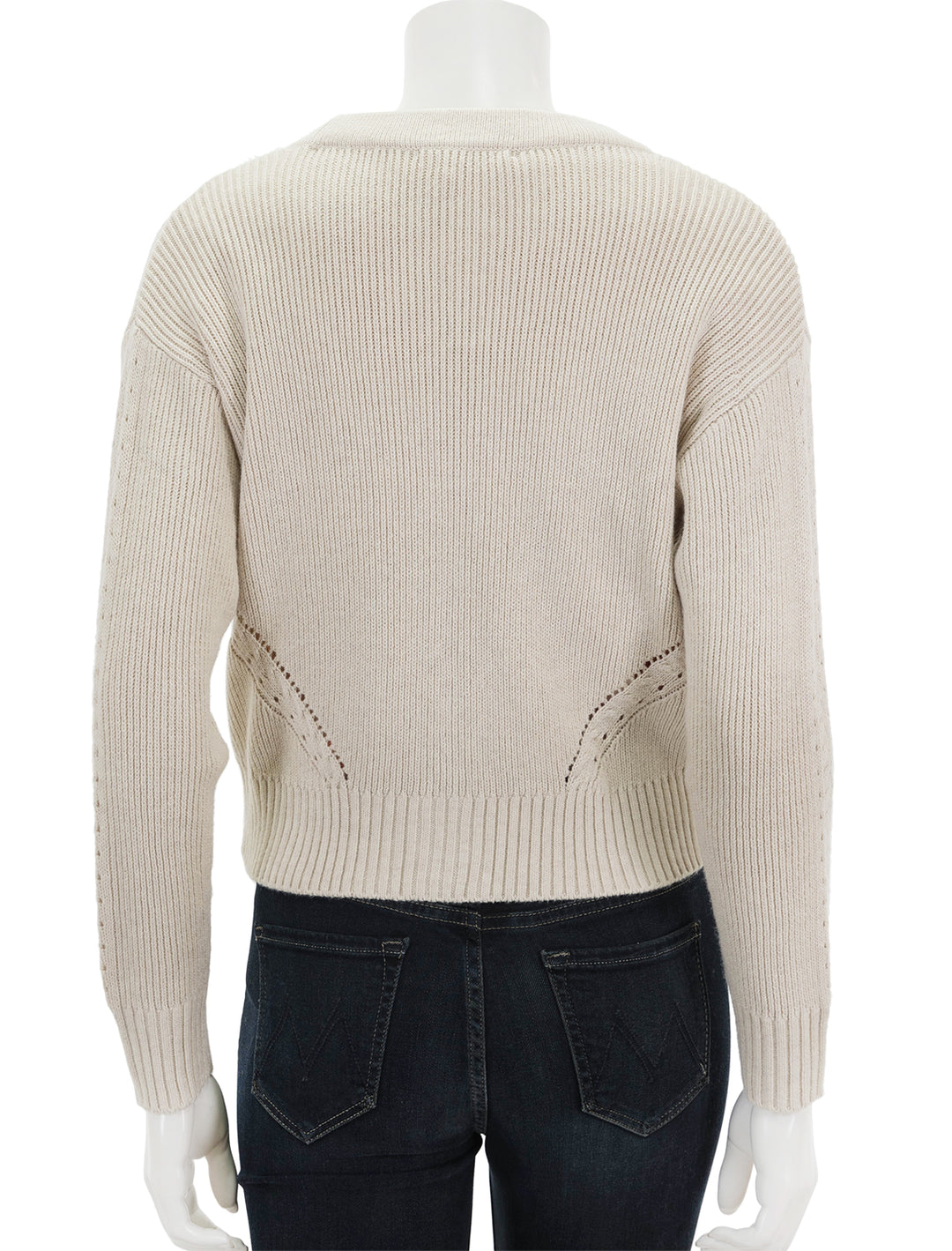 Back view of Marine Layer's robin crop cardigan in oatmeal.