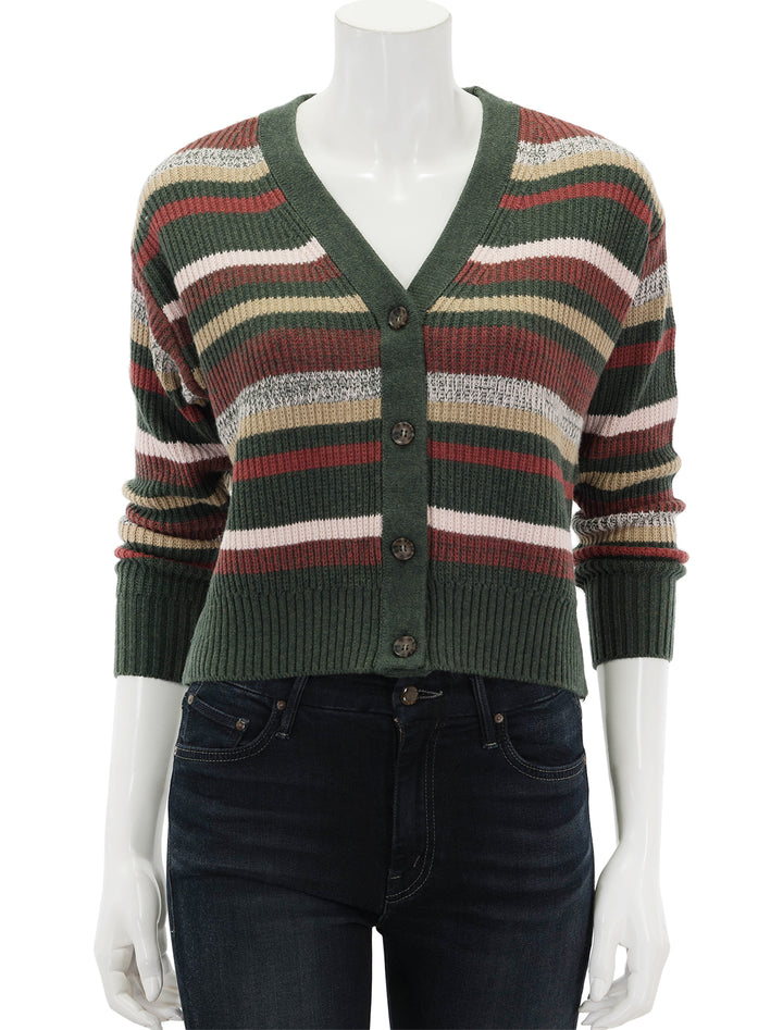 Front view of Marine Layer's robin striped crop cardigan.