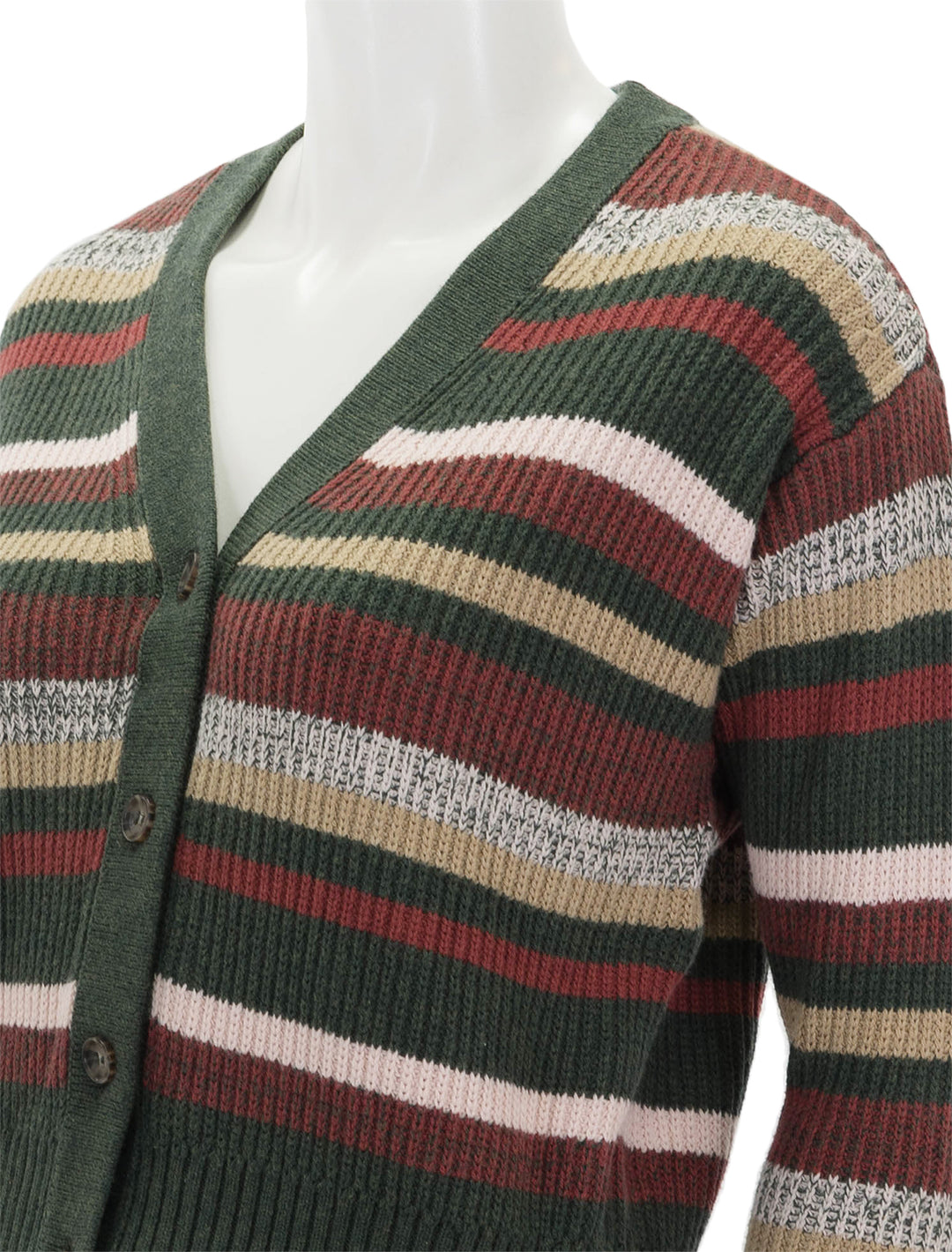 Close-up view of Marine Layer's robin striped crop cardigan.