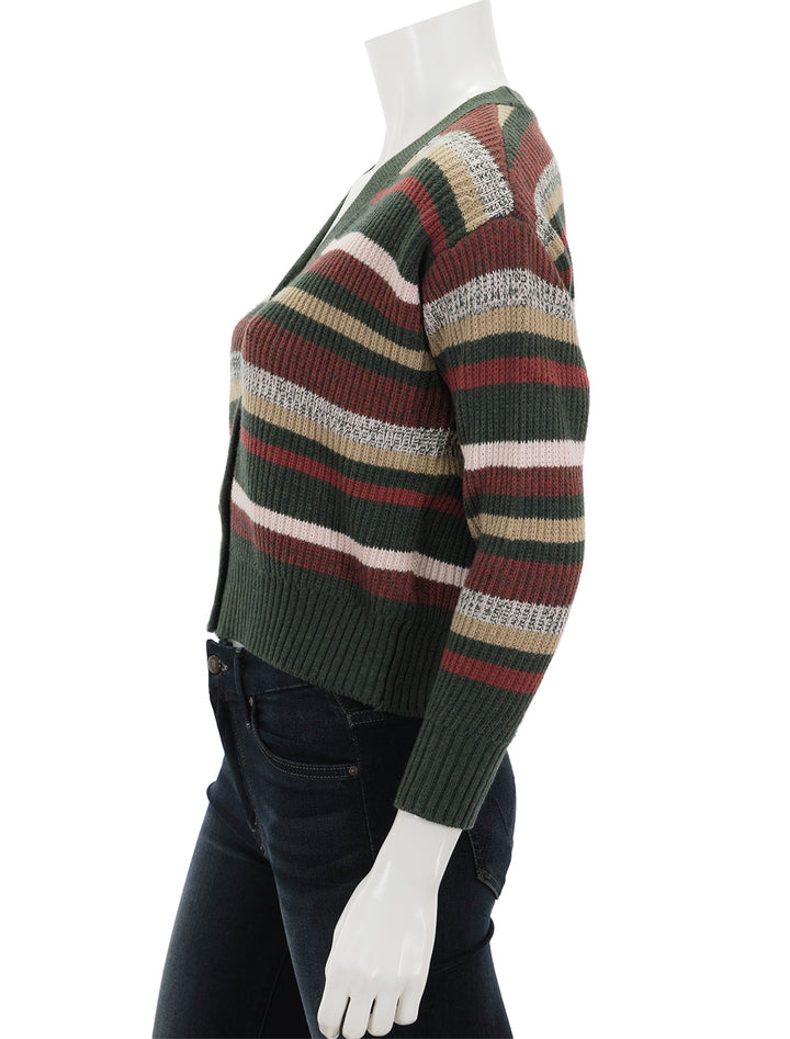 Side view of Marine Layer's robin striped crop cardigan.