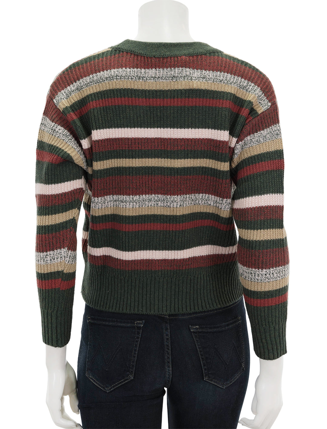 Back view of Marine Layer's robin striped crop cardigan.