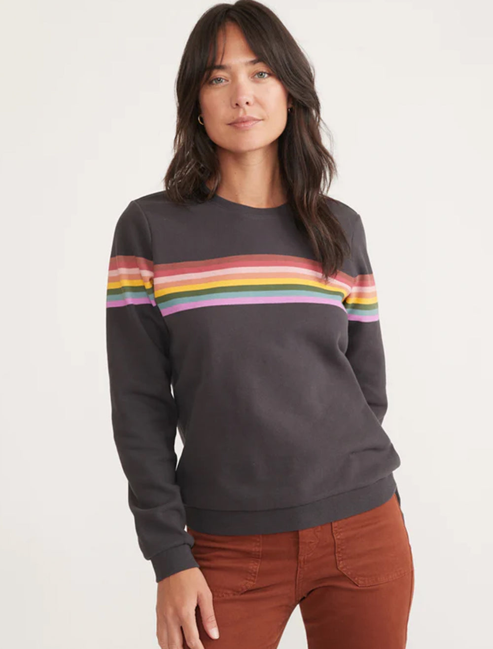 Model wearing Marine Layer's anytime sweatshirt in washed black.