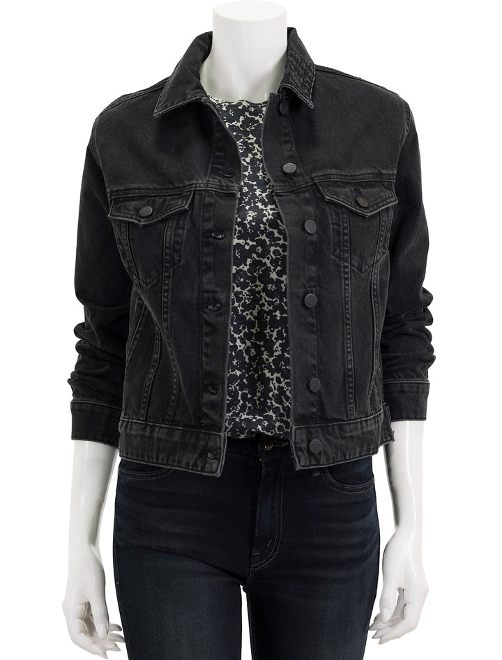 Front view of Marine Layer's oversized denim jacket in washed black.