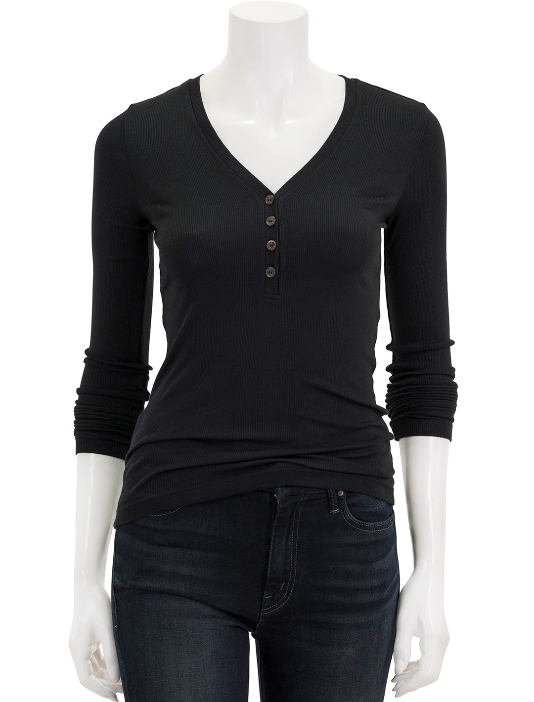 Front view of Marine Layer's lexi rib henley in black.