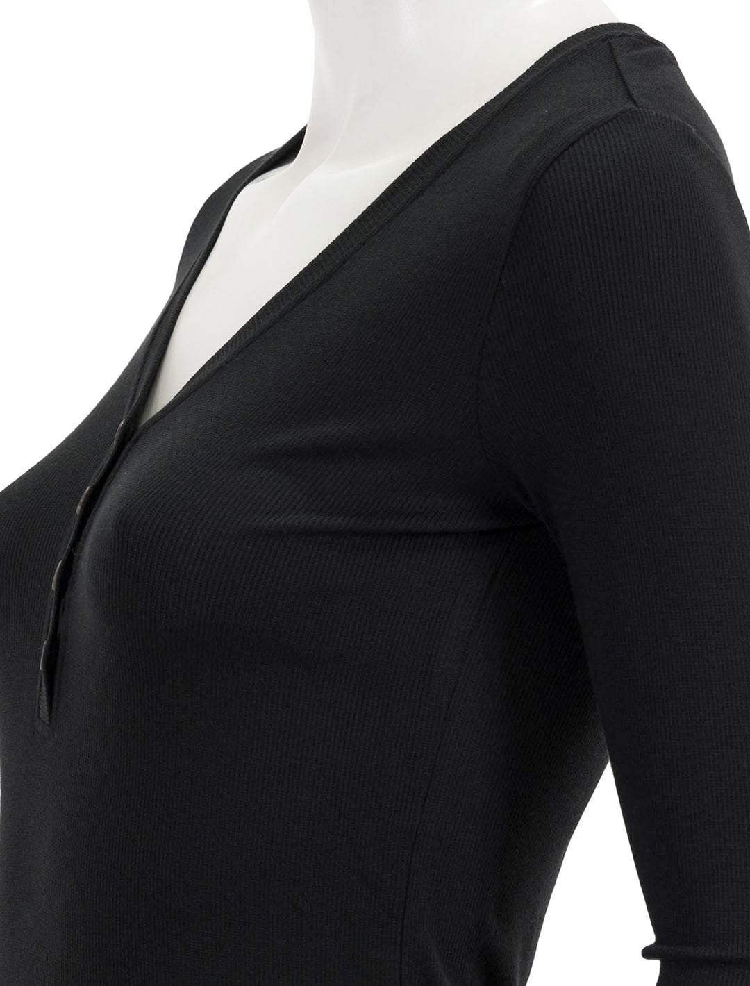 Close-up view of Marine Layer's lexi rib henley in black.