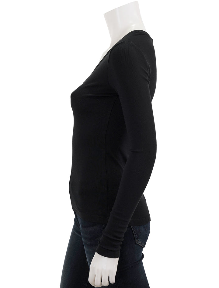 Side view of Marine Layer's lexi rib henley in black.