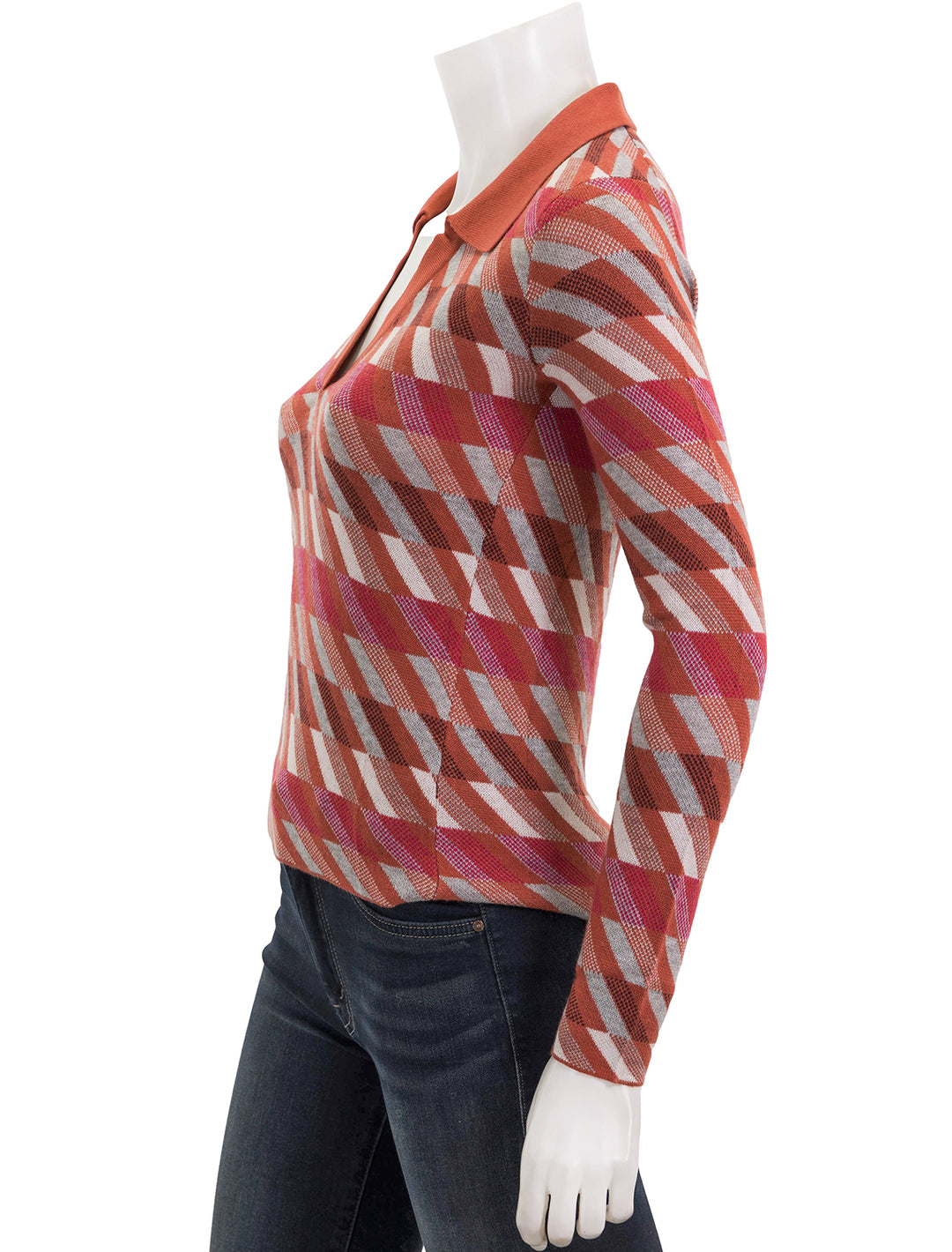 Side view of Marine Layer's novelty sweater polo in warm multi.