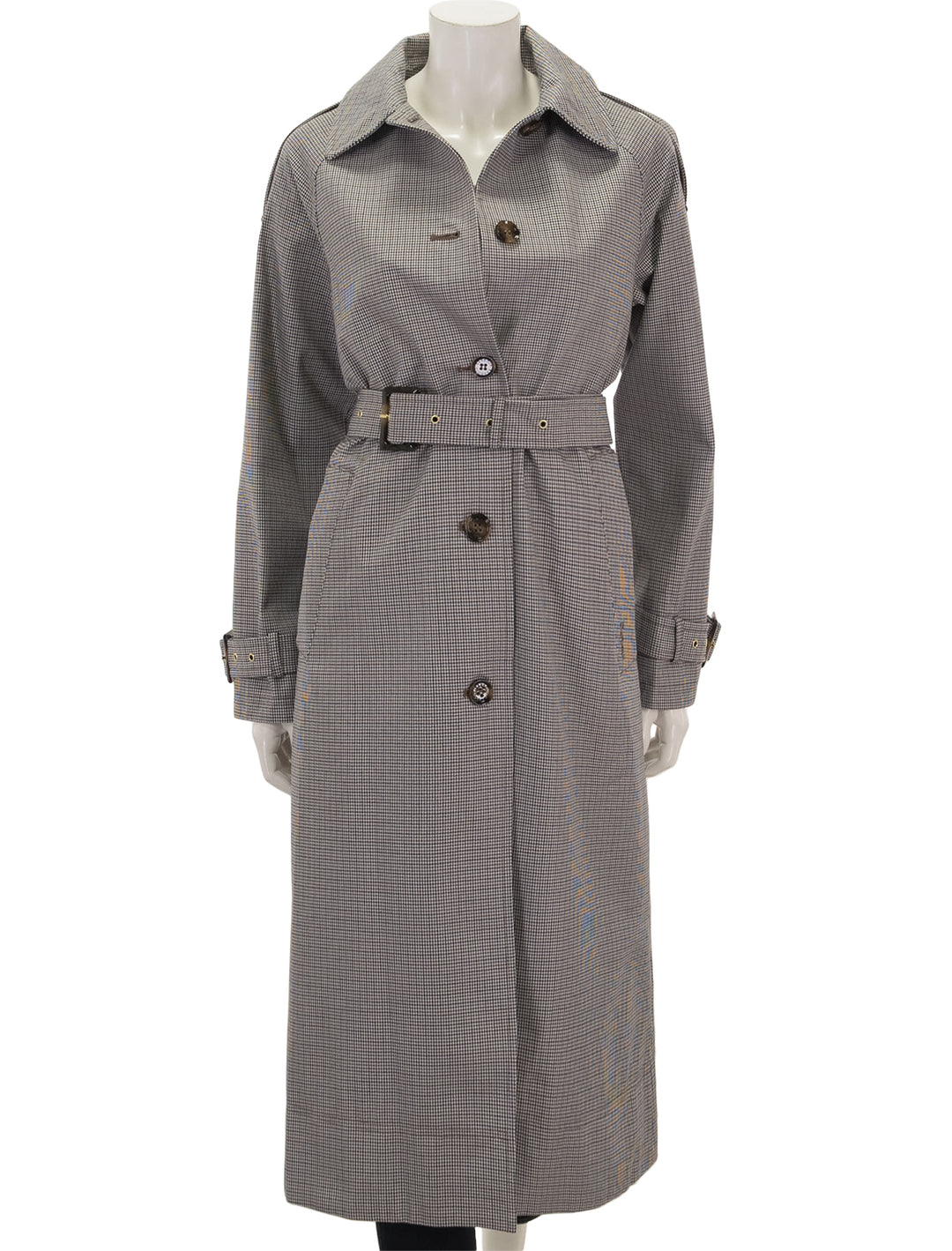 Front view of Barbour's marie check showerproof mini check trench, buttoned.