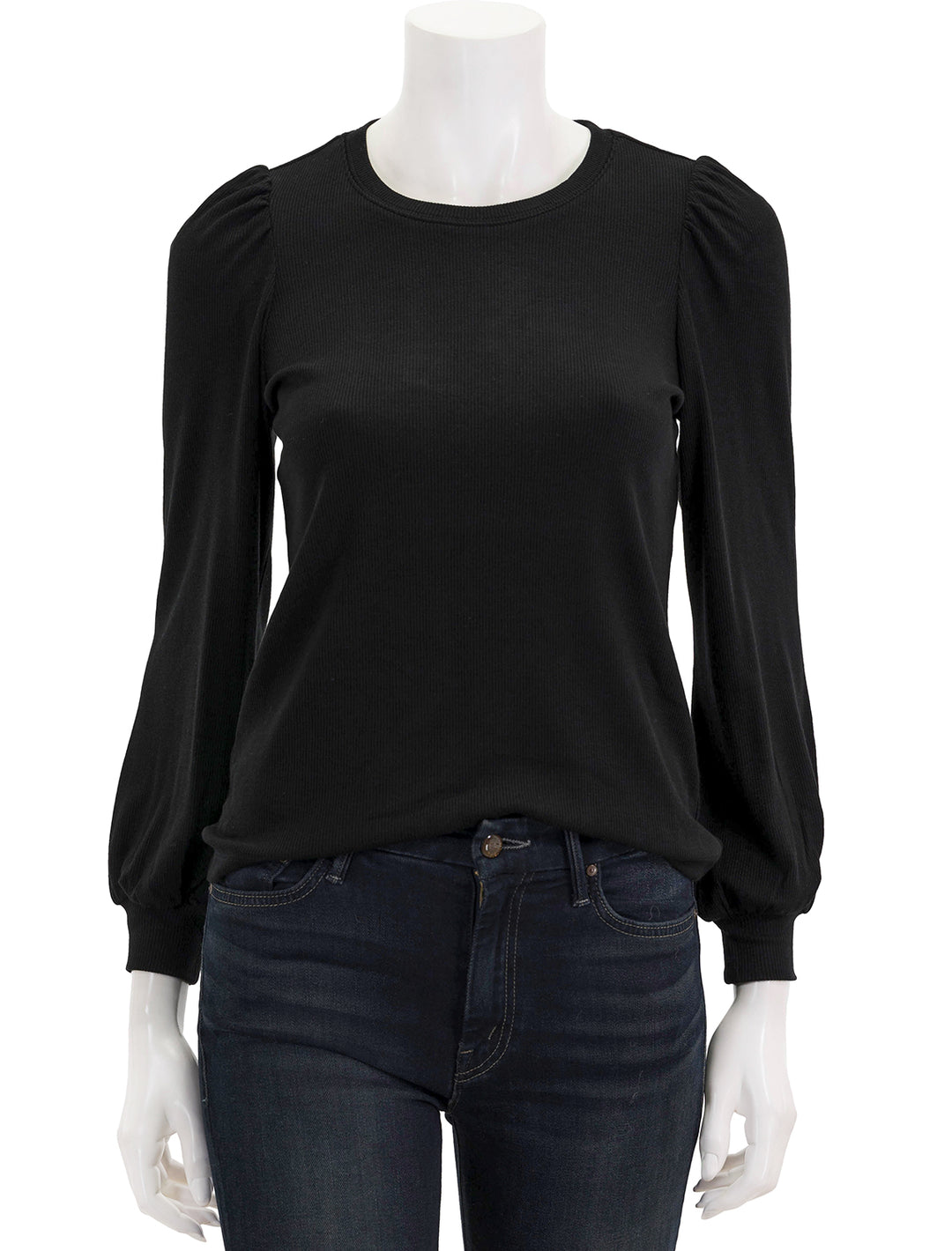 Front view of marine layer's lexi puff sleeve top in black.